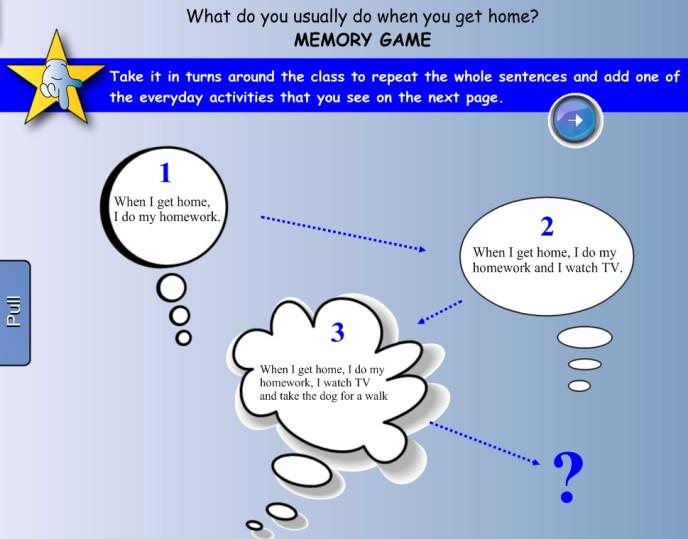 Teaching object 10 Activity in use I introduced the Memory game. First we had to revise the vocabulary required. I revealed the pictures, say the words and covered them again to be ready for a game.