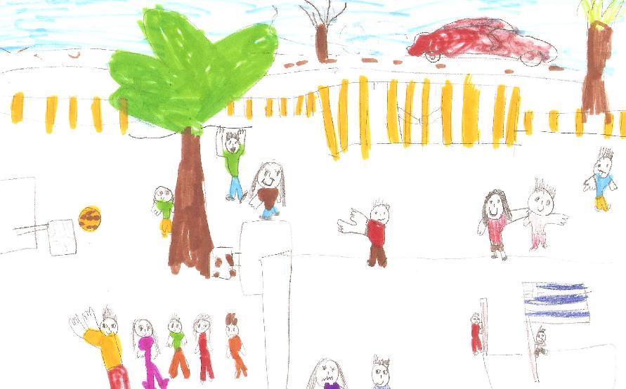In some other drawings though, the children drew trees inside the school and they also presented themselves or other children running and playing around these tress, which in this case provide a