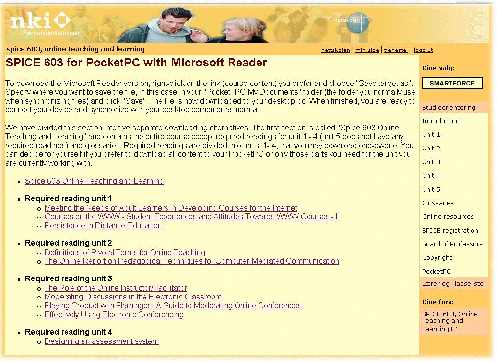 Figure 4. Page for downloading course materials to the PocketPC From this course page one also has access to a discussion forum.