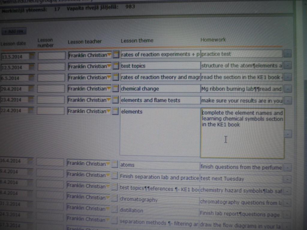 Figure 5: View from the computer screen of a science teacher inputting information about the lesson themes and homework using the computer programme Wilma.