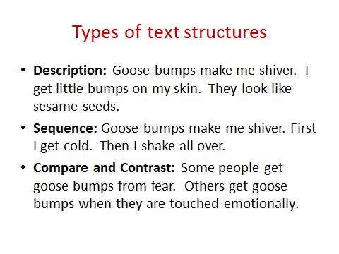 When we refer to expository text structure (the frames or patterns that authors follow when the write) there are basically 5 different types of TS that we talk about.