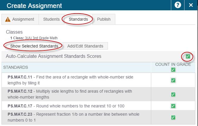 MISD PwerSchl Dcument Aut-Calculate Assignment Standard Scres T create a new assignment that aut-calculates the standard scres, click +Create > Assignment > click n the Standards tab > Select the