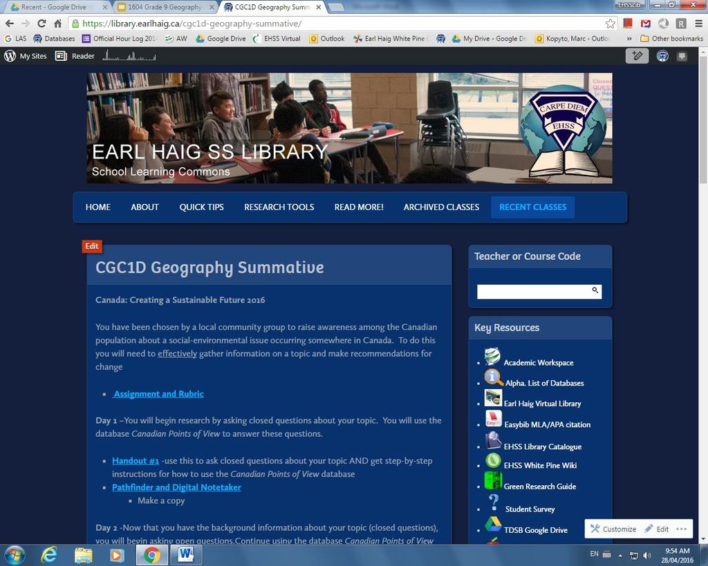 CGC1D Class Page on Library Blog #1. Go to earlhaig.ca/library #2.