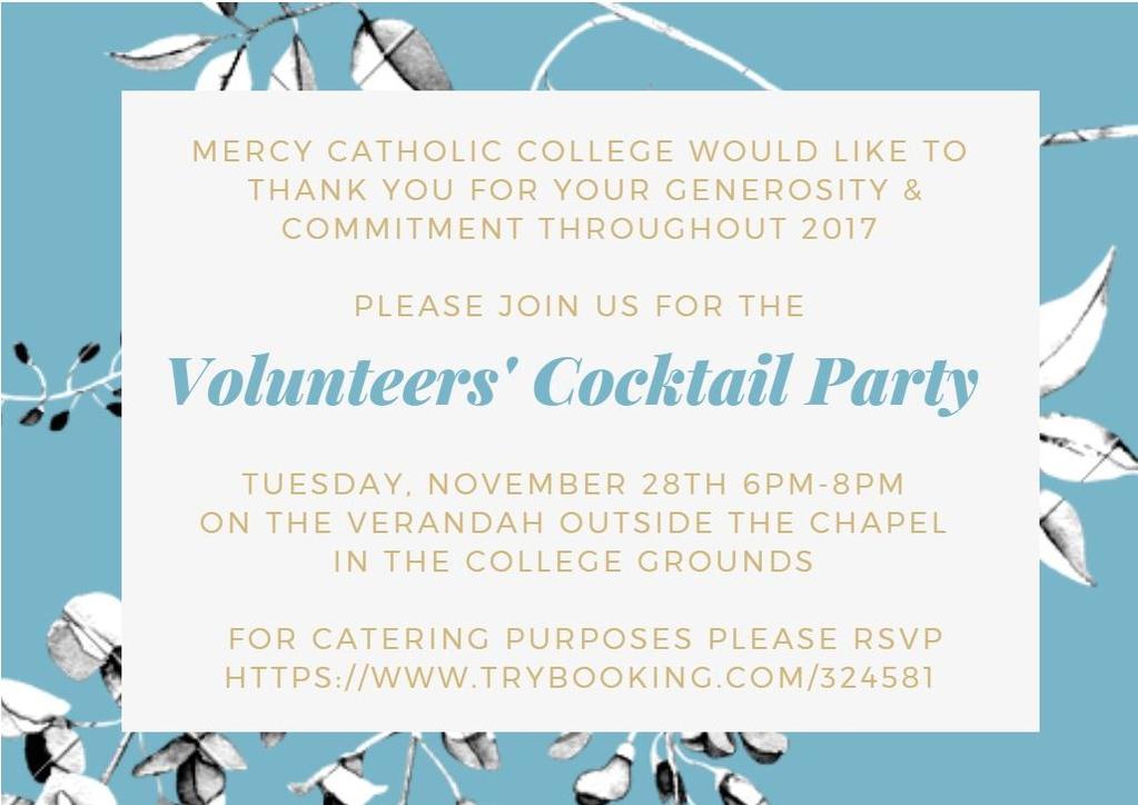 Parent News A reminder to please RSVP to the upcoming Volunteer Cocktail Party if you have not already done so.