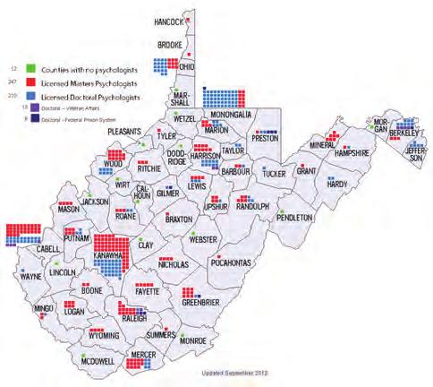 Sunrise Report February 2013 The map below, prepared by the Board of Examiners, indicates the concentration of psychologists in West Virginia counties.