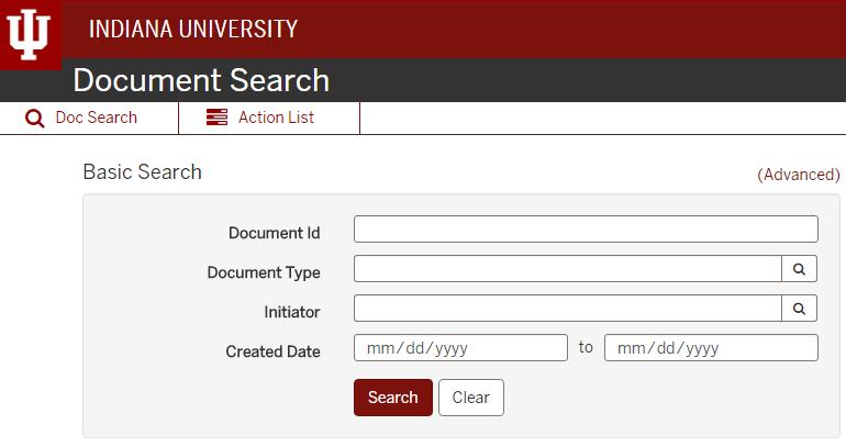 One.IU Document Search tab sis.adm.