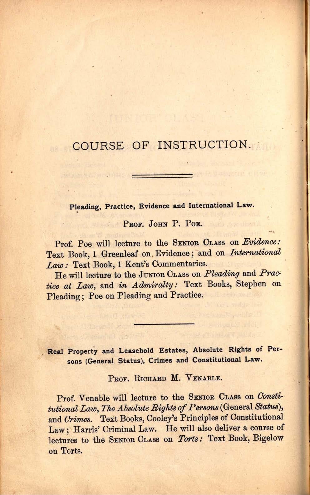 COURSE OF INSTRUCTION, Pleading, Practice, Evidence and International Law. PROF. JOHN P. POE. Prof.
