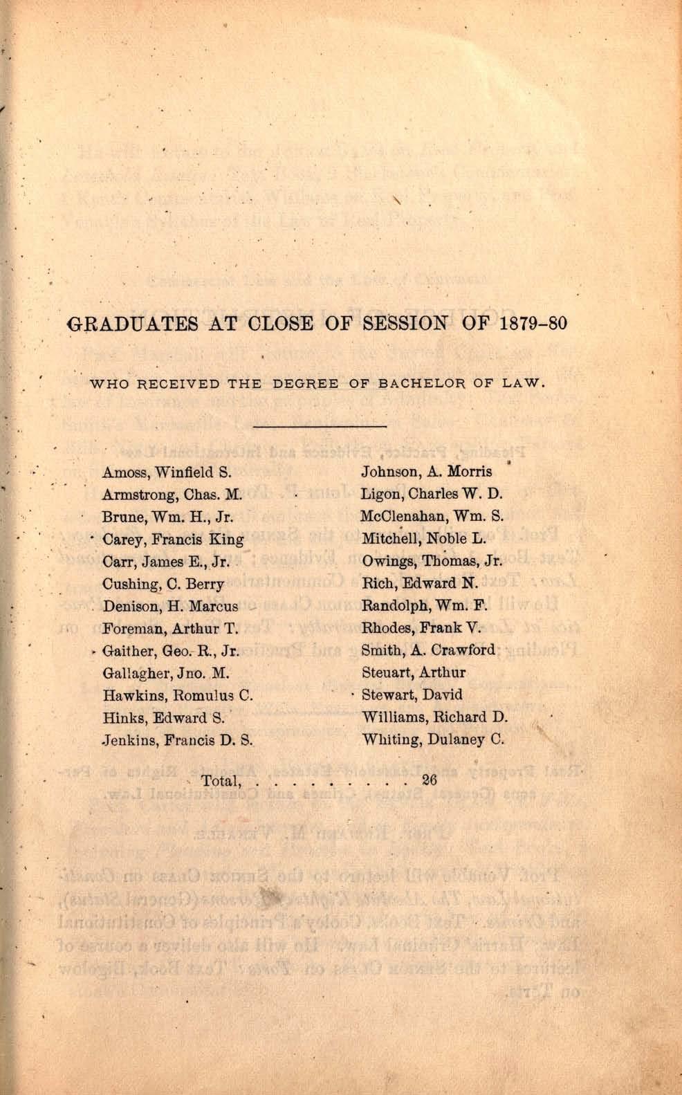 GRADUATES AT CLOSE OF SESSION OF 1879-80 WHO RECEIVED THE DEGREE OF BACHELOR OF LAW. Amoss, Winfield S. Johnson, A. Morris Armstrong, Chas. M. Ligon, Charles W. D. Brune, Wm. H., Jr. McClenahan, Wm.