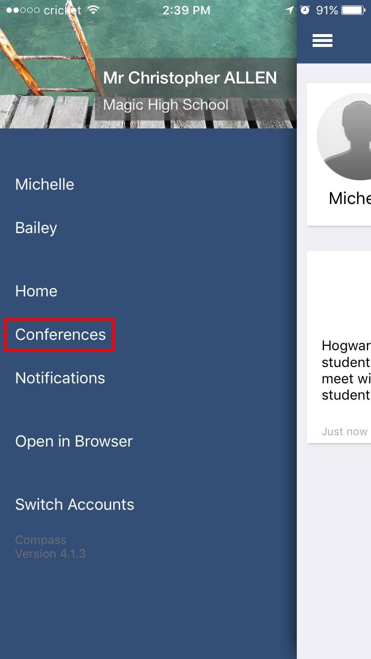Mobile/tablet app Select the menu icon and then Conferences. Choose the appropriate Conference cycle to continue.