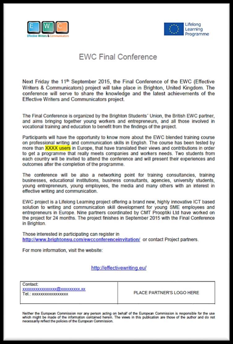 Invitation For release of the EWC final conference, Partner 12 (BSU), responsible for the organisation of the event, prepared both a general invitation and an individual invitation template, which