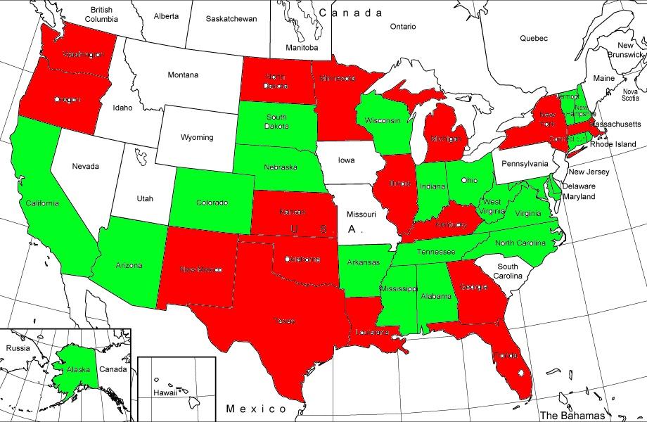 Map highlighting States with K-12 Social Studies Standards with Required & Recommended Canadian