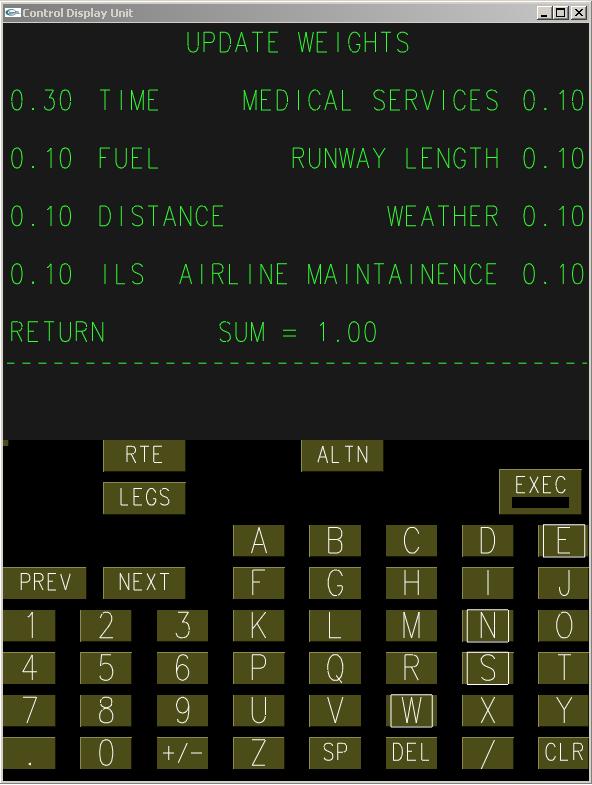 Figure 16: Control Display Unit, UPDATE WEIGHTS Page. post-failure flight characteristics can be accurately modeled. This model is used to determine the most time-optimal path that is feasible.