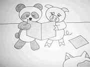 " The teacher said, "But yours is not a blue book, right? Read that book with the panda!" The pig had no choice but to look at the panda's blue book with him.