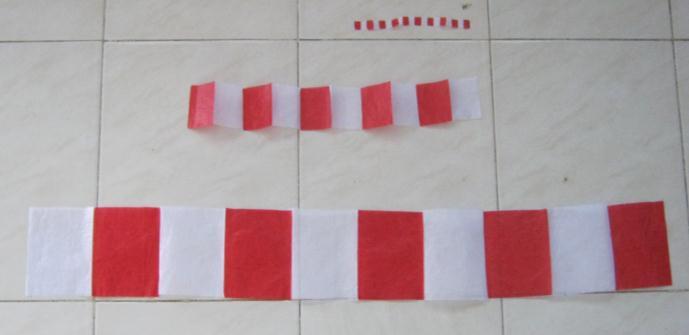 105 strips with different sizes. The big strip was 10 units of 1 dm 2 squares. The medium strip was 10 units of 25 cm 2 squares; while the small strip contains 20 units of 1 cm 2 squares. Figure 5.