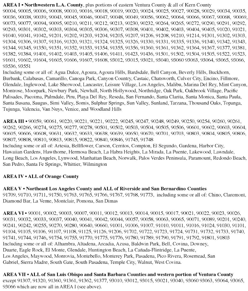 ZIP CODES LIST revised August 2009 Los Angeles ASTA Competition Areas are determined by ZIP CODES.