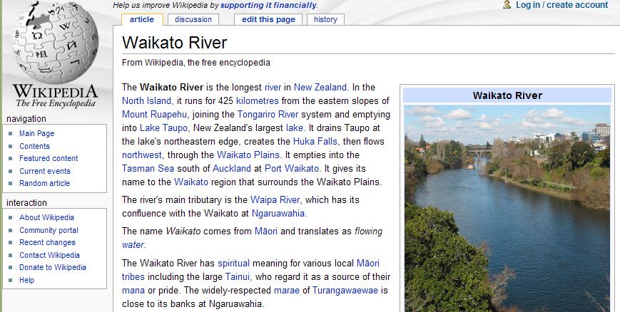 Figure 8. Wikipedia s description of the Waikato River. the Waikato River, shown in Figure 8, links to entities like river, New Zealand, Lake Taupo and many others.