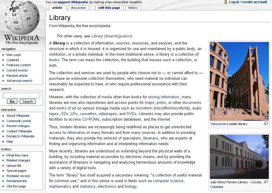 Figure 1. Wikipedia article on Library. 6. Articles contain hyperlinks that express relationships to other articles (Section 2.2.4). Figure 1 shows a typical article, entitled Library.