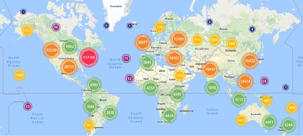 community. This map indicates the number of DigitalCommons downloads by country in the FY 2015-2016.