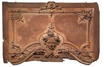 Panel from the top of a mirror frame with a mask of Flora. French, ca. 1725. Carved oak. The Metropolitan Museum of Art, Gift of J. Pierpont Morgan, 1906 (07.225.20).