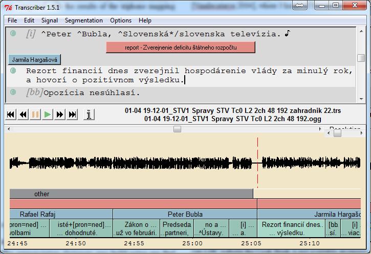 Figure 1: Example of the annotation in the chosen Transcriber tool so the audio data will have the same characteristics in common BN automatic transcription system input.