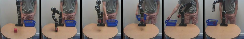 Figure 5: A sequence of images showing the network s ability to generalise. Whilst a person is standing in the view of the camera, the robot is able to grasp the cube and proceed to the basket.