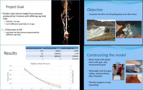Figure 1. Examples slides from two presentations. Left: project predicting and measuring the height of a water column from Mentos and Coke.