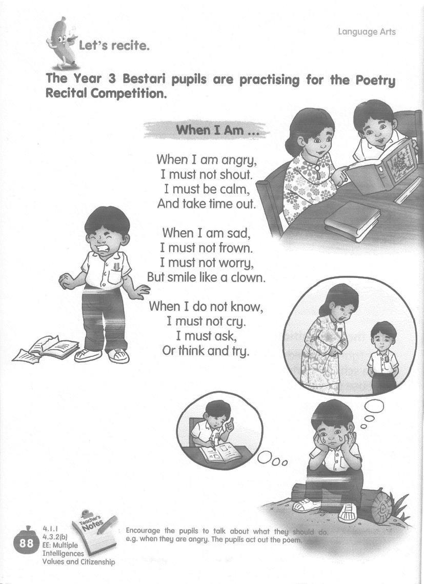Language Arts Here is a scan of the Language Arts page for Unit 11 in the Year 3 Sekolah Kebangsaan text book. The topic for the unit is In school.