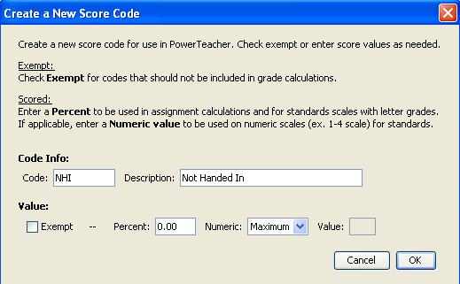 Mail Tab The Email connection to the PowerTeacher Gradebook is unavailable. Score Codes Tab The Score Codes tab is used to define score values that are not in the approved PWCS grading table.