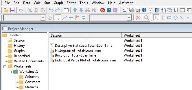 Calculator - Results Minitab has calculated the new Loan Time OOS variable and put at end of worksheet 11 Session Folder or Project Manager Go to