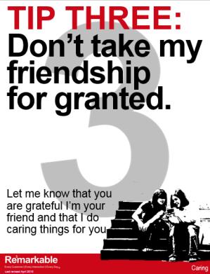 DETAILED LESSON GUIDE: DAY ONE TIP THREE: Don t take my friendship and what I do for you for granted. Let me know that you are grateful I m your friend and that I do caring things for you.