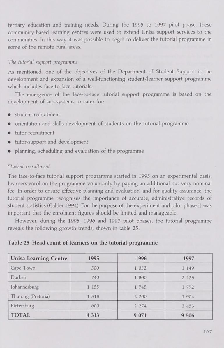 tertiary education and training needs. During the 1995 to 1997 pilot phase, these community-based learning centres were used to extend Unisa support services to the communities.