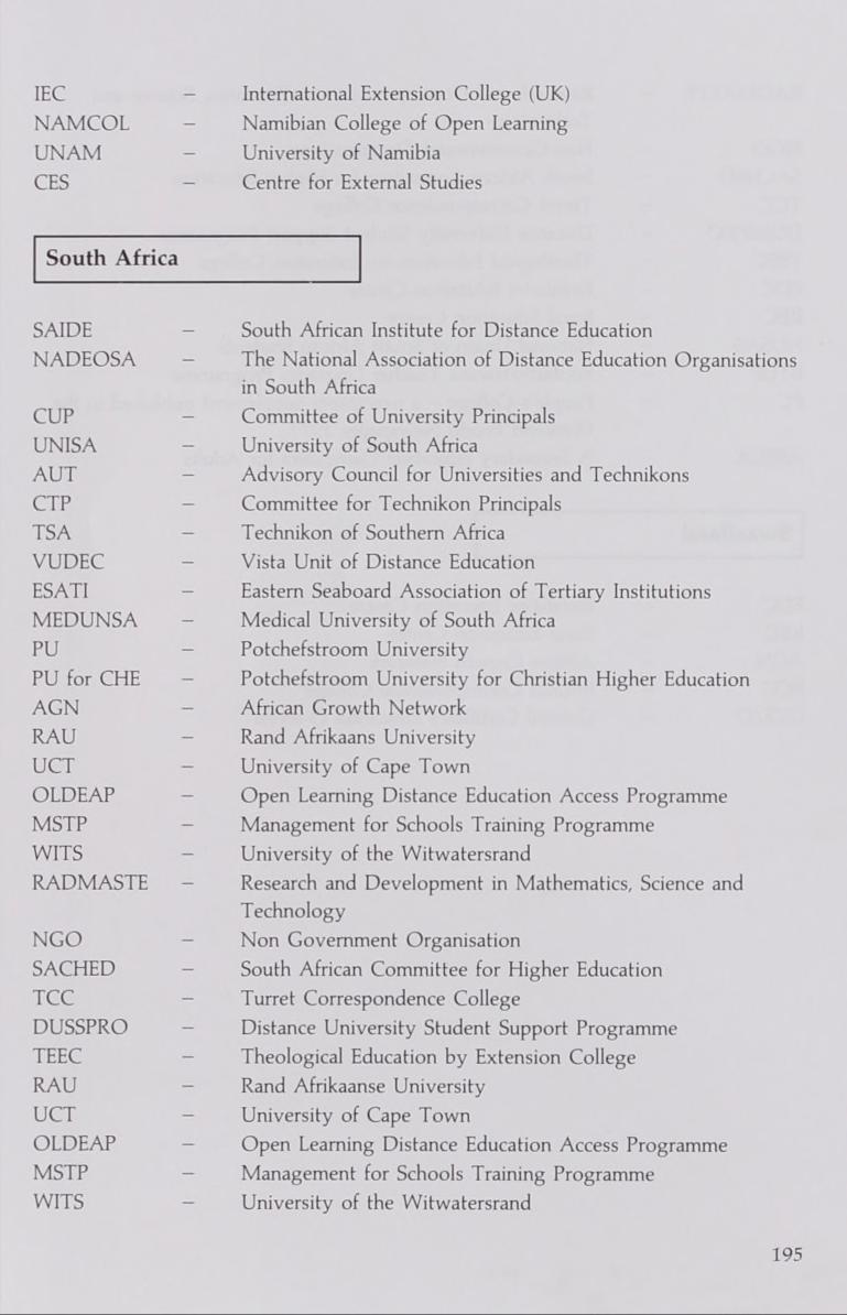 IEC International Extension College (UK) NAMCOL - Namibian College of Open Learning UNAM University of Namibia CES Centre for External Studies South Africa SAIDE - South African Institute for