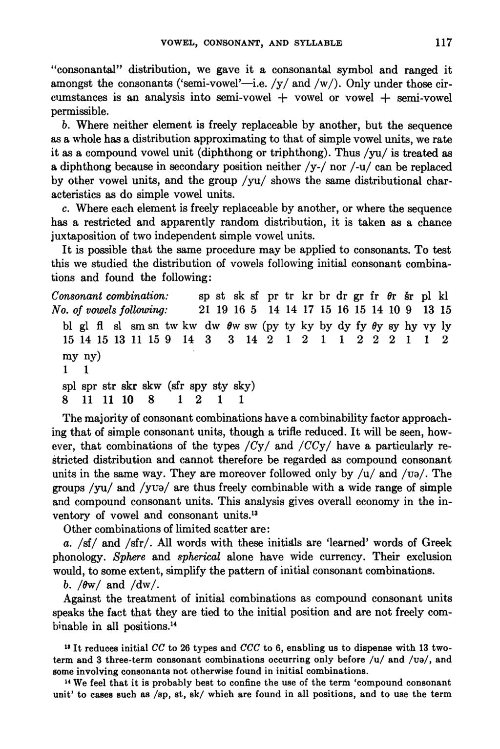 VOWEL, CONSONANT, AND SYLLABLE 117 "consonantal" distribution, we gave it a consonantal symbol and ranged it amongst the consonants ('semi-vowel'-i.e. /y/ and /w/).