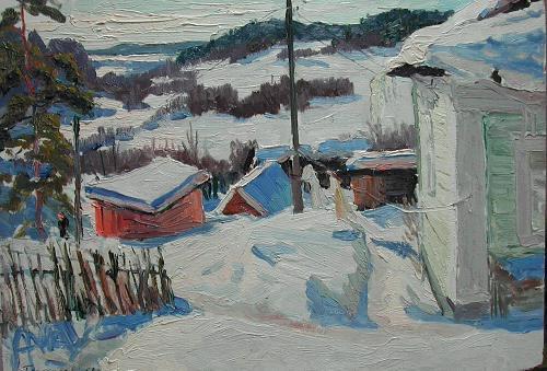 Mikhail Bogatyrev 1924 - present MB160 Sunny Winter Day 14.00 x 20.00 Oil on Panel 1958 Born on November 23 in the town of Zvenigorod, Mikhail Grigorovich Bogatyrev did not start out as a painter.