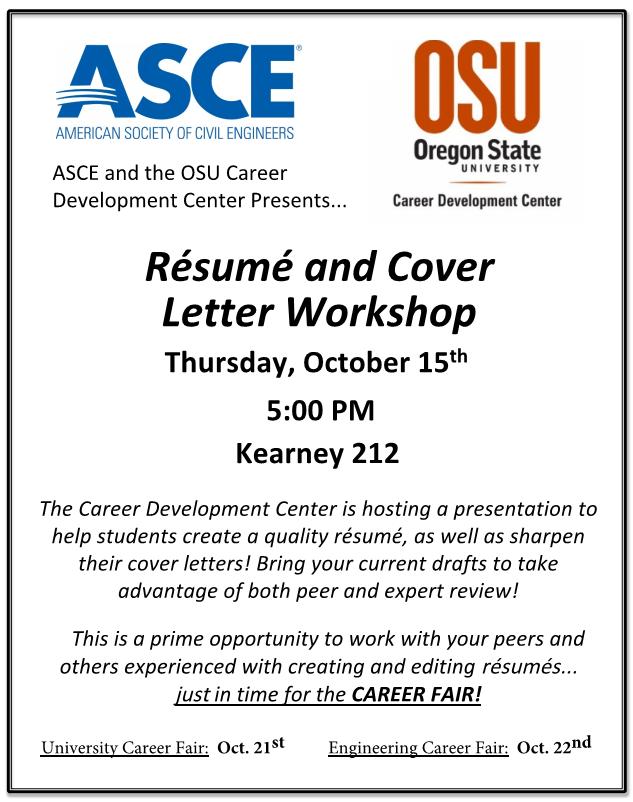 Resume & Cover Letter/Workshop: 10/15/2015 This event incorporated a presentation from the OSU Career Development Center (CDC), as well as time designated for peer review of résumés.