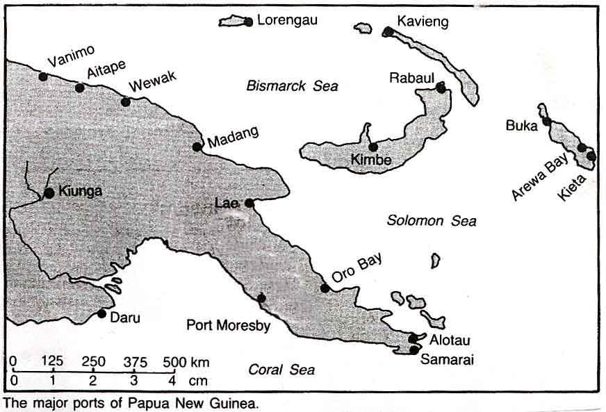 A) Fishing B) Tourism C) Cocoa D) Copra E) Coffee F) sugar Questions 39 40 refer to the map. Work out the distance between the major ports. 39. Kiunga to Lae A) 5km B) 500km C) 625 km D) 750 km 40.