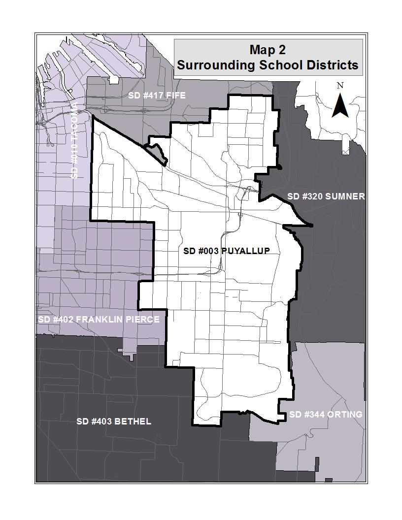 Section II School District Description Introduction The Puyallup School District is located within eastern Pierce County and incorporates approximately 54 square miles within its boundaries.