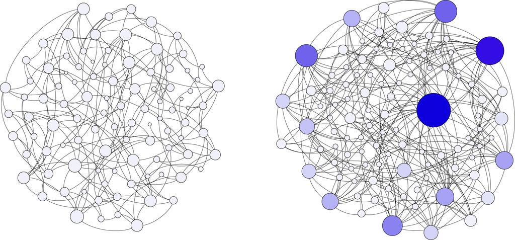 FIGURE 2: Graphical representation of homogeneous and scale- free networks. In homogeneous networks (left) nodes have similar topological properties, which are well captured by their average values.