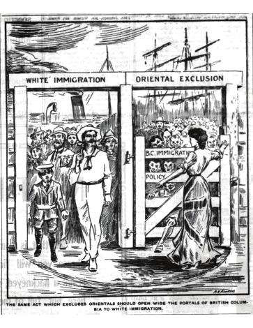 Artifact thumbnail Artifact Cartoon published in the BC Saturday Sunset Newspaper Artifact Description August 24, 1907 While European migrants coming to Canada were immediately welcomed, Asians were