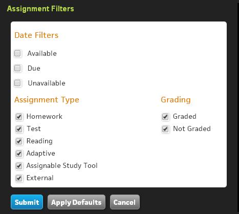 Managing Grades Filtering Gradebook Assignments The Edit Assignment Filters feature allows you to determine which assignments appear on your Gradebook page and customize the contents of gradebook