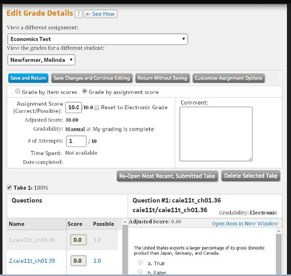 Managing Grades EDITING GRADE DETAILS The Edit Grade Details page lets you view and edit individual student scores, delete selected takes, edit the time spent on a take, and make editing notes in a