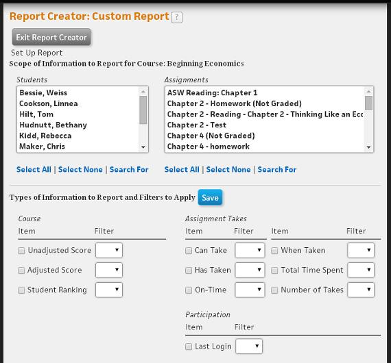 Managing Grades Custom Report This report allows for the selection of several information categories which give you a broad overview of the selected assignment(s).