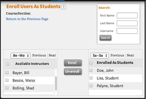 Managing User Enrollment Action: To manually enroll instructors in a course 7 Click the Return to the Previous Page link at the top of the page to return to the Users overview page.