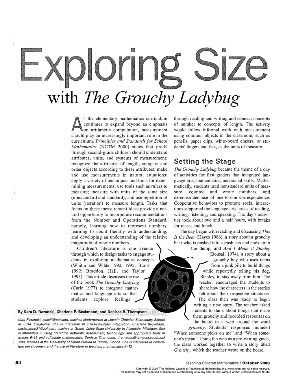 with The Grouchy Ladybug s the elementary mathematics curriculum continues to expand beyond an emphasis on arithmetic computation, measurement should play an increasingly important role in the