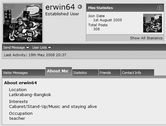 Figure 6: erwin64 s posting data Figure 7: some of the forums to which erwin64 has posted These forums suggest that members of ajarn.com contribute equally.