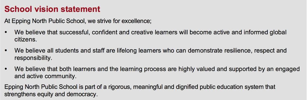 School vision statement At Epping North Public School, we strive for excellence; We believe that successful, confident and creative learners will become active and informed global citizens.