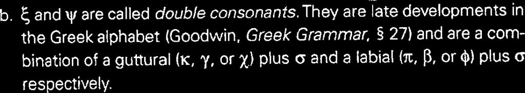 Greek Grammar, 27) and are a combination of a guttural (K, y, or X) plus o and a labial (n, P, or 4) plus o respectively. c. The consonants are pronounced as written, except that y before any guttural is pronounced ng.