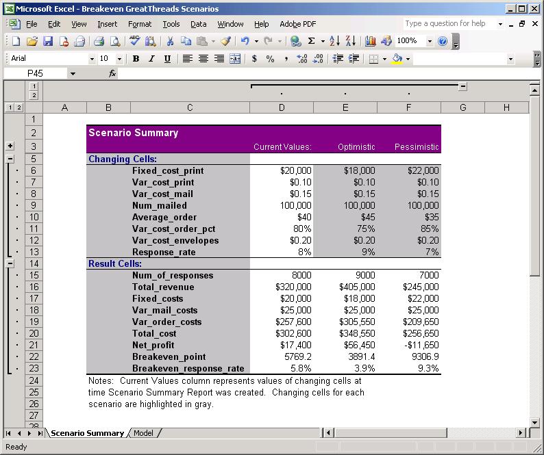 The report is automatically generated and placed in a sheet named "Scenario Summary", formatted as shown above in Figure 6.