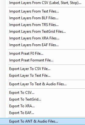 Export / import formats Import / export to / from the major speech annotation tools: Praat ELAN Wavesurfer Transcriber SPPAS (automatic time-alignment, PL beta)