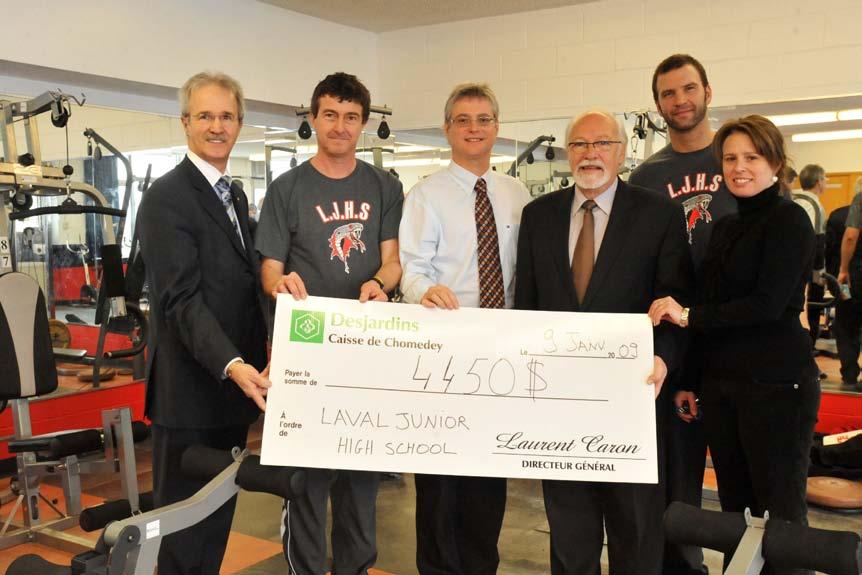 Gym equipment - Laval Junior High School (2008) From left to right: Laurent Caron, General Manager of the Caisse de Chomedey, Joseph Fitzmoris, Physical Education Teacher, Richard Masson,